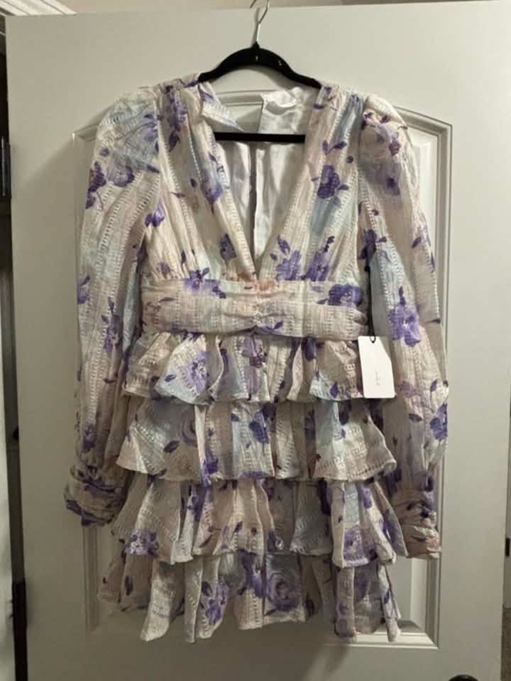 Line & Dot Purple Floral Tiered Ruffle Dress - White Base